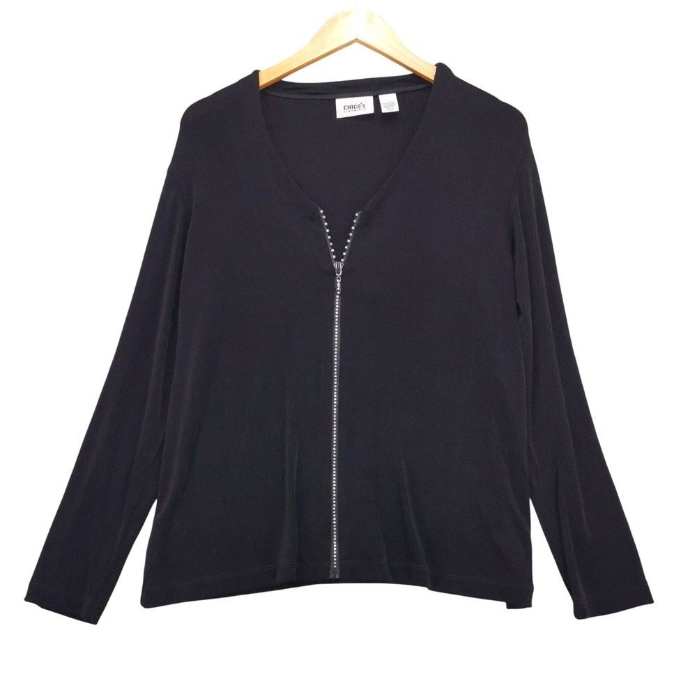 Chico's Travelers Rhinestone Zip Front Top Cardigan 2 L Black Long Sleeve V-Neck